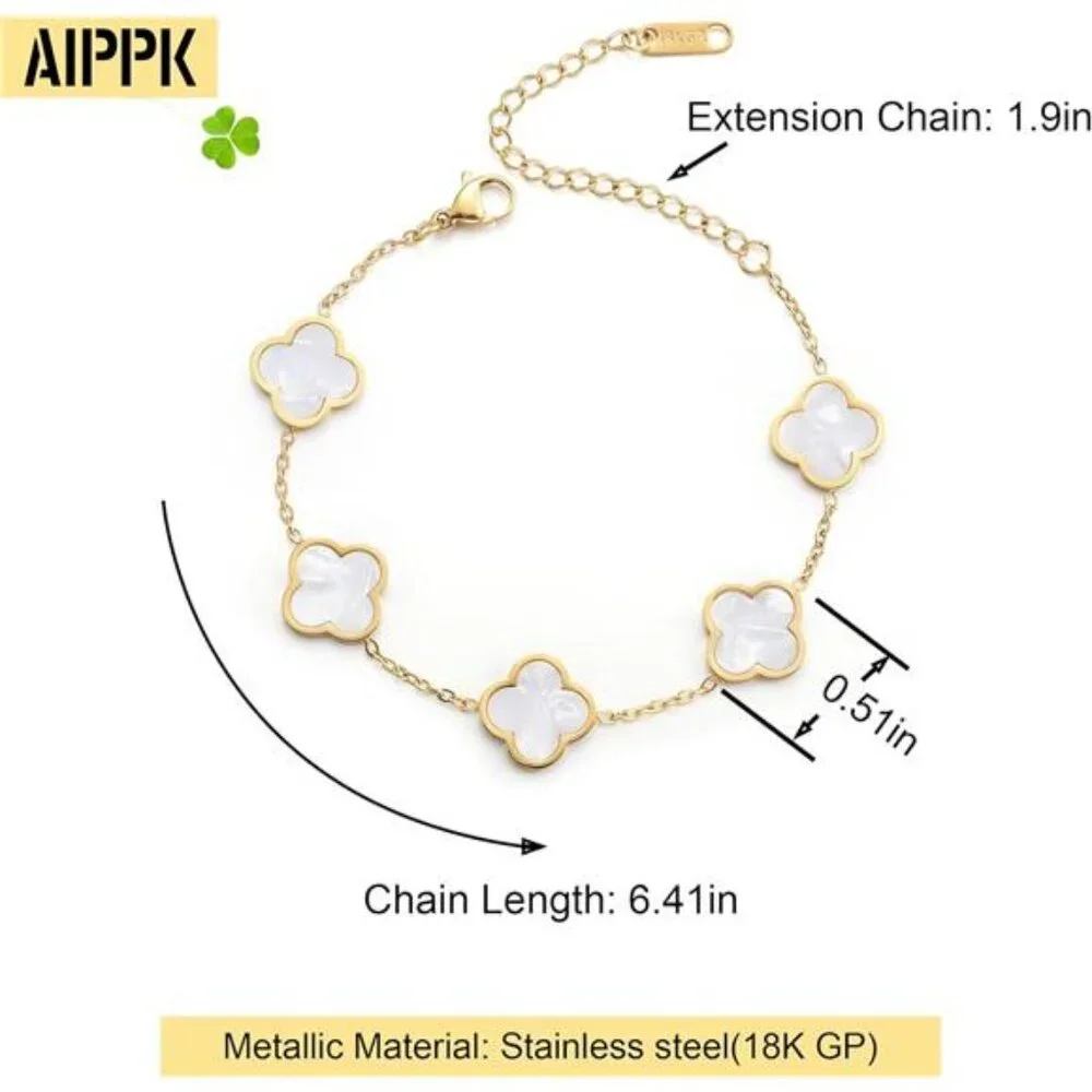 18K Gold Plated Clover Lucky Bracelet for Women White Flower - Picture 2 of 6